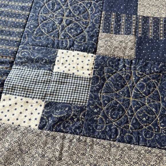 Baby Quilt Handmade Americana Folk Art Blue 33x43 Embroidered Cotton Lap Blanket - Picture 9 of 12